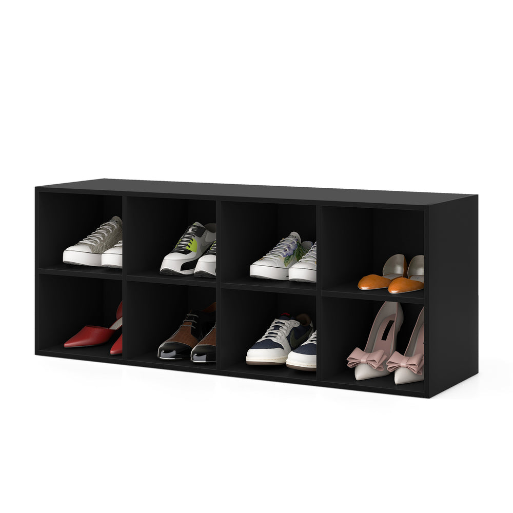 Black 8 cubbies shoe organizer with various shoes displayed, offering a 500 lbs weight capacity for versatile storage.