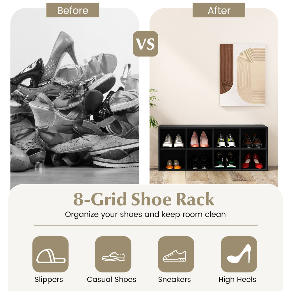 8-grid shoe organizer in black with spacious top, ideal for storing various shoes in hallways or living rooms.