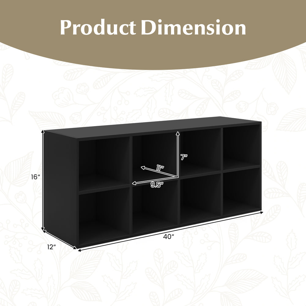 Dimensions of the black 8 cubbies shoe organizer, measuring 40" x 12" x 16", showcasing its spacious compartments.