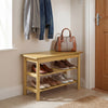 3-tier rubberwood shoe rack bench in natural finish, ideal for entryway storage and seating.