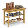 3-tier rubberwood shoe rack bench with natural finish, featuring ample sitting space and organized shoe storage.
