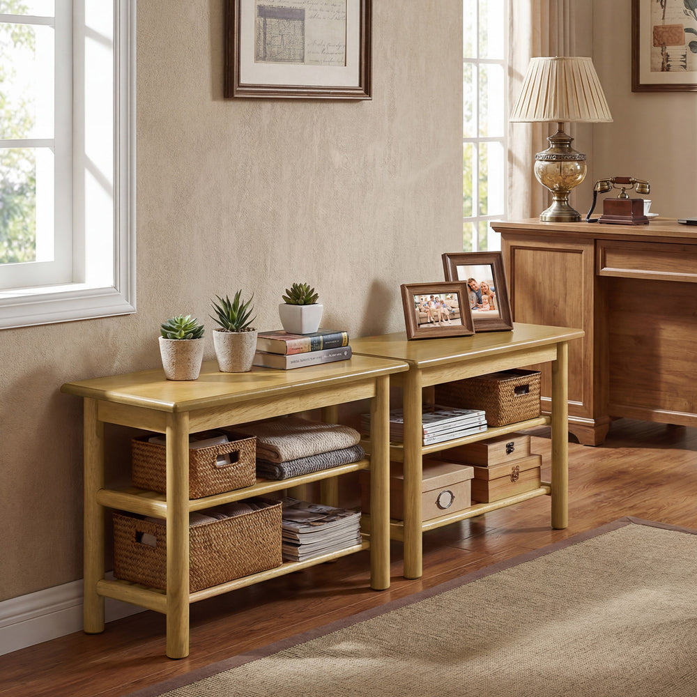 Natural rubberwood shoe rack bench with rounded corners, perfect for stylish shoe storage in entryways or living rooms.