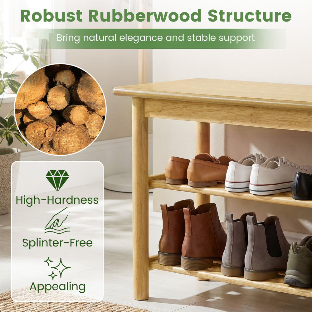 3-tier rubberwood shoe rack bench with natural finish, ideal for entryway or bedroom, offering ample storage and.