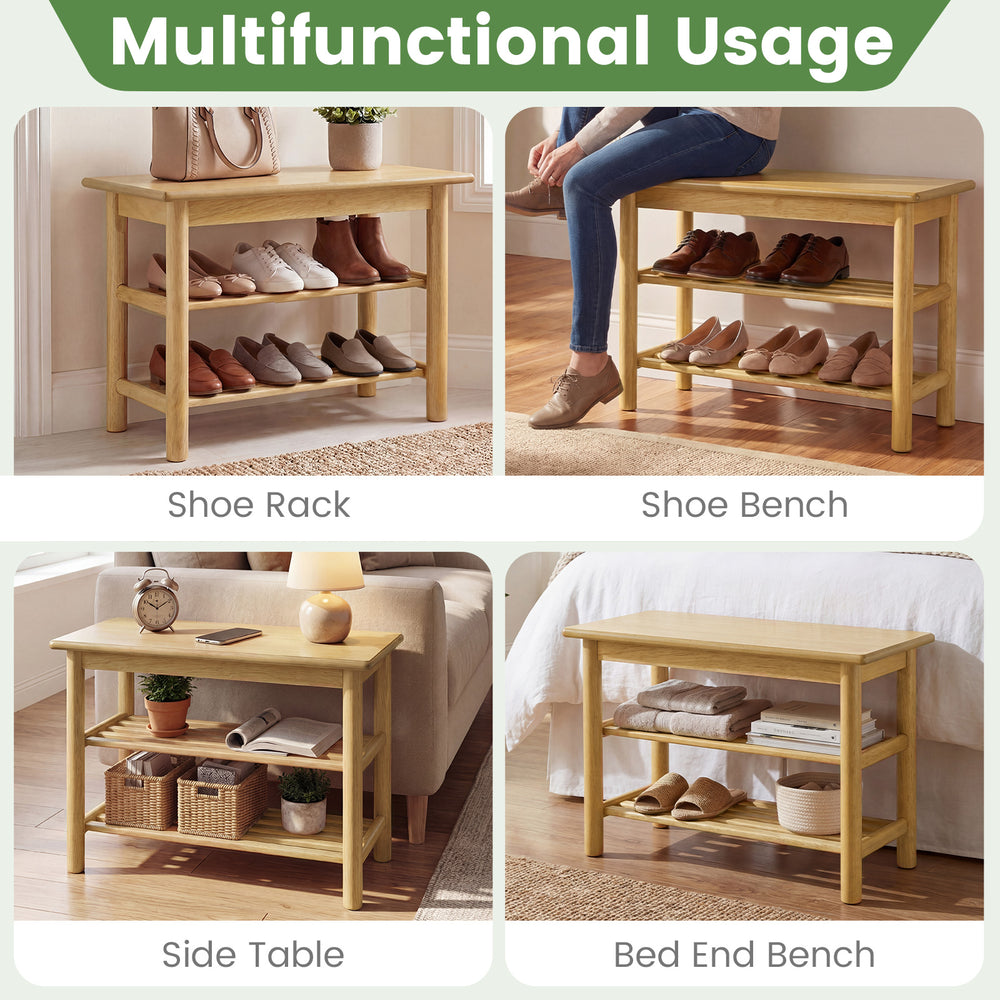 Shoe rack bench with 3-tier storage, natural rubberwood, ideal for entryway or bedroom use.