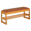 Shoe rack bench with brown waterproof PU leather seat, rubberwood frame, and flip-open storage for entryway.
