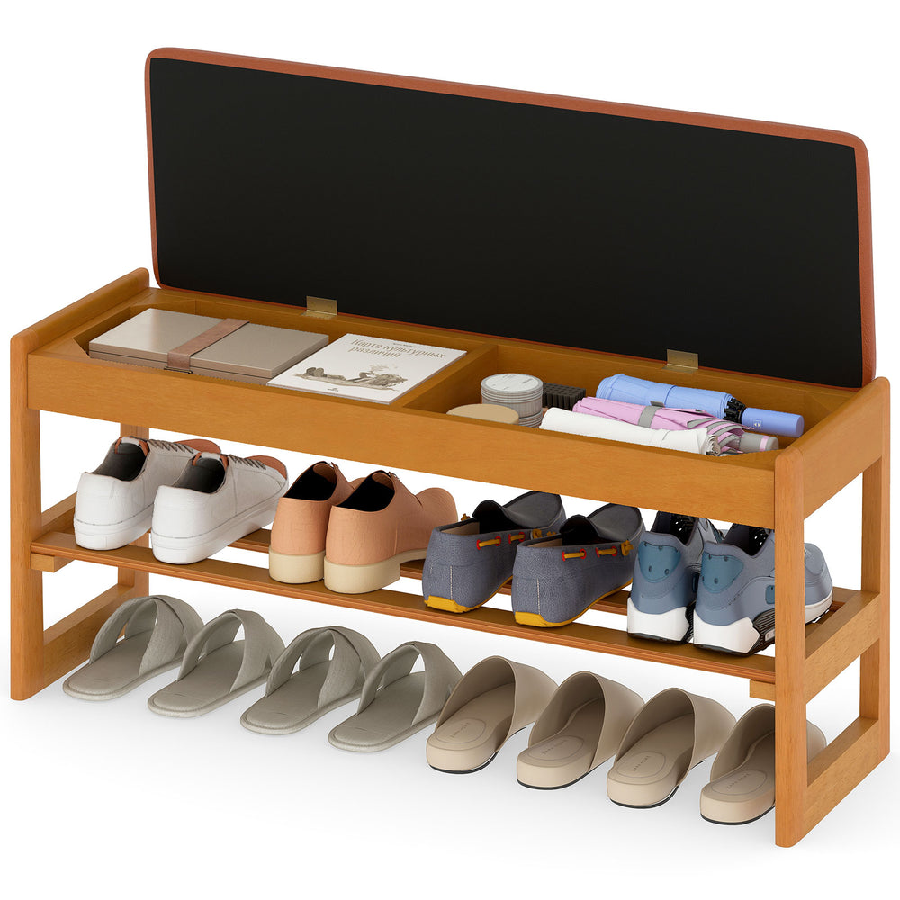 Shoe rack bench with flip-open storage, brown rubberwood, padded seat, and slatted shelf for shoe organization.