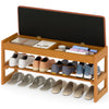Shoe rack bench with flip-open storage, brown rubberwood, padded seat, and slatted shelf for shoe organization.