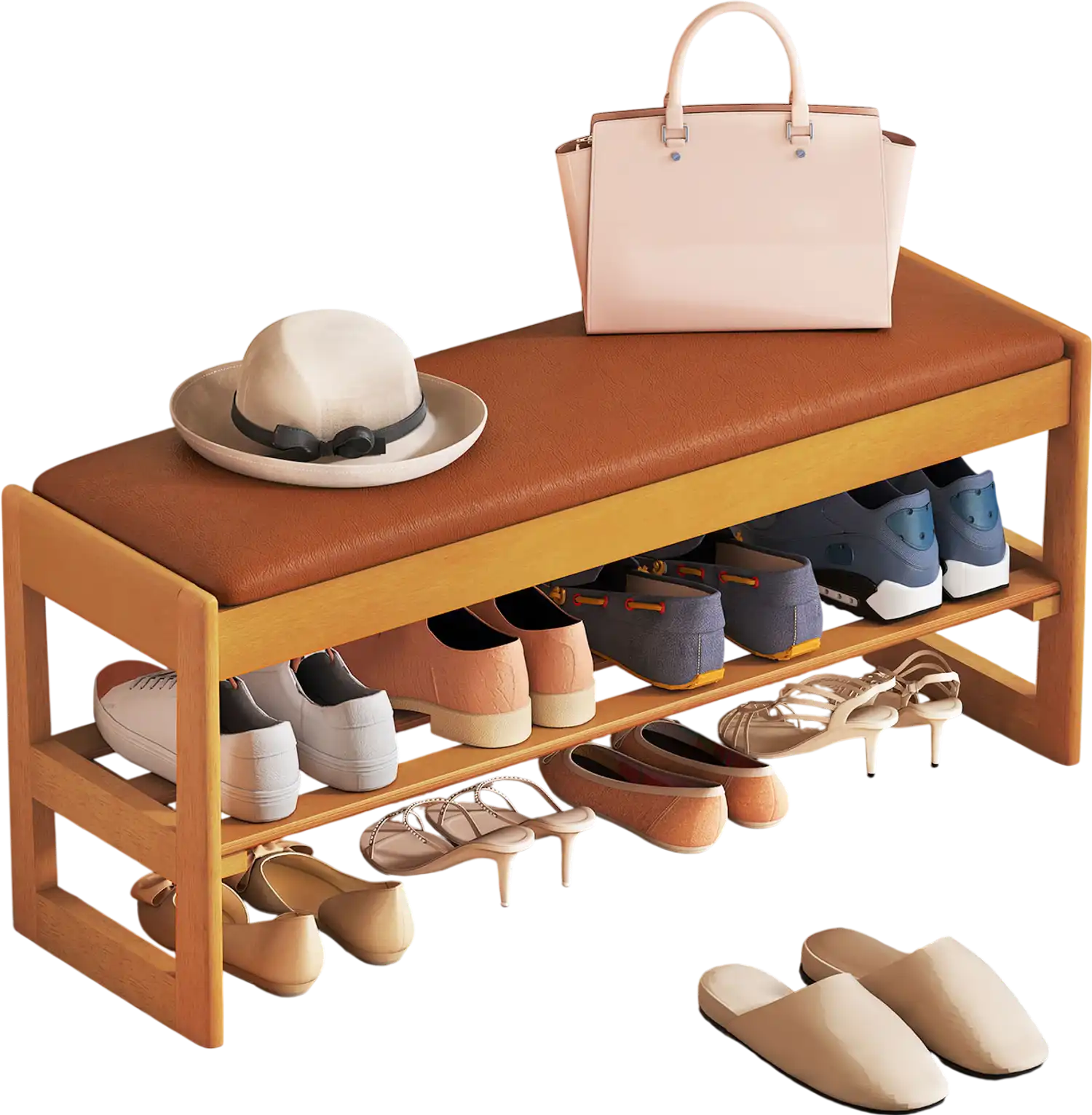 Costway Shoe Rack Storage Bench Flip-Open 2-Tier Rubberwood Entryway Cabinet 64719572 New