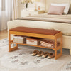Shoe rack bench with brown PU leather seat and rubberwood frame, featuring flip-open storage and open shelf for shoes.