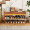 Shoe rack bench with brown PU leather seat, rubberwood frame, and flip-open storage for entryway organization.
