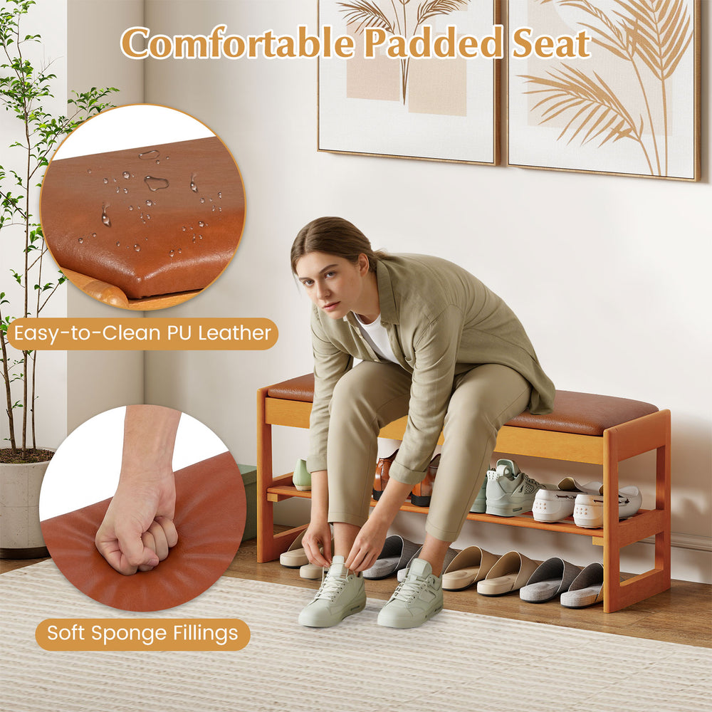 Shoe rack bench with brown waterproof PU leather seat, featuring flip-open storage and slatted shelf for shoe.