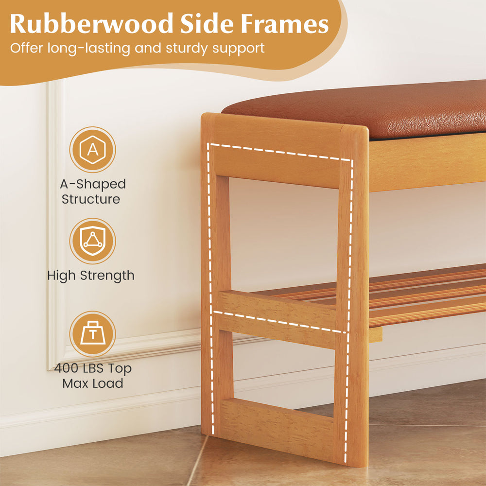 Rubberwood side frame of the shoe rack bench, showcasing strong support and A-shaped structure for enhanced stability.