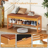 Shoe rack bench in brown with flip-open storage, slatted shelf, and rounded corners for stylish entryway organization.