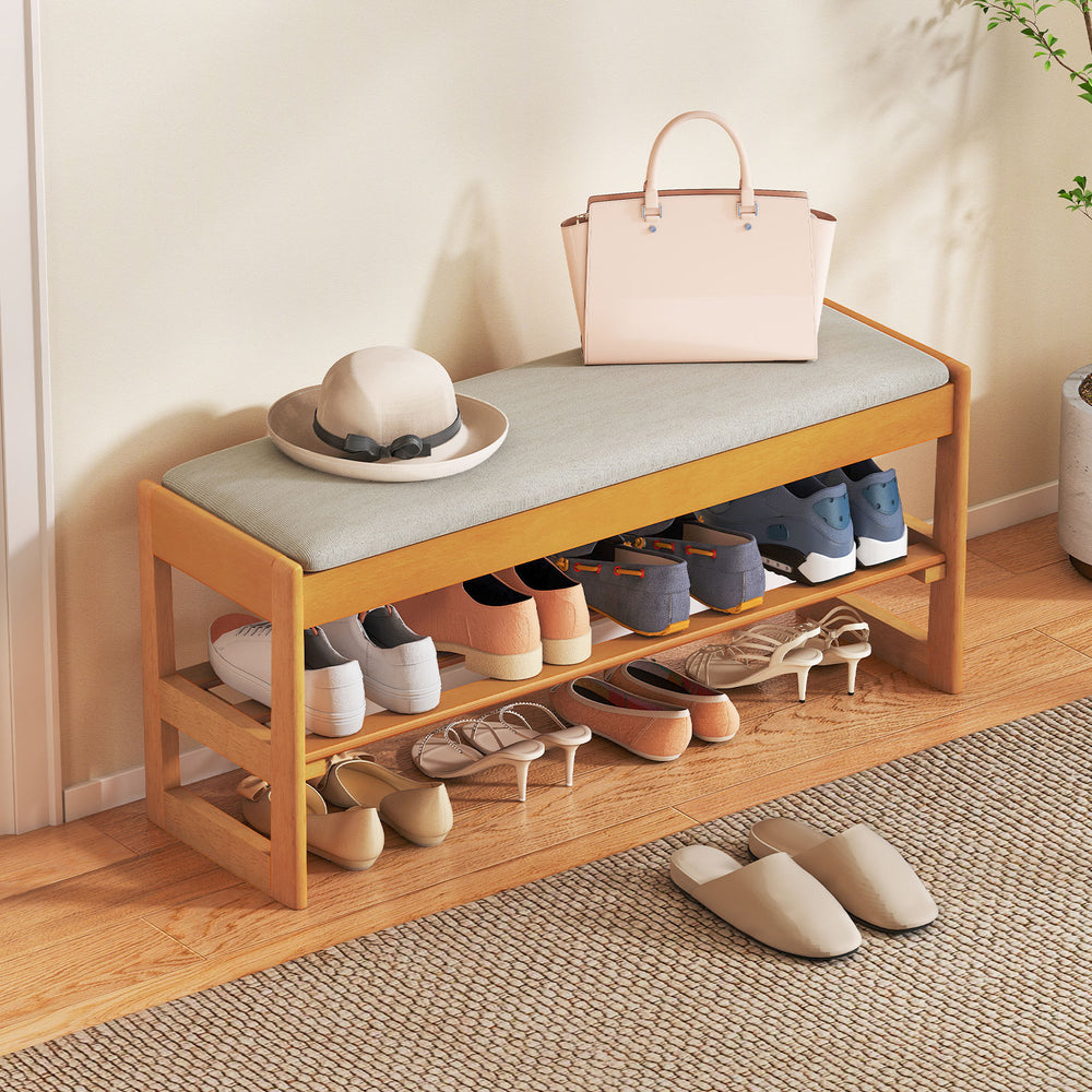 Shoe Rack Bench with Storage 2-Tier Rubberwood Entryway Bench with Flip-Open Storage-Beige - Gallery View 1 of 10