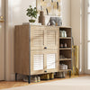 Shoe rack organizer with flip-up see-through doors, adjustable shelves, and rustic oak finish for entryway storage.