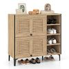 Shoe rack organizer in oak with flip-up see-through doors, adjustable shelves, and 5-leg support for entryway storage.