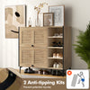 Shoe rack organizer in oak with flip-up see-through doors, adjustable shelves, and anti-tipping kits for safety.