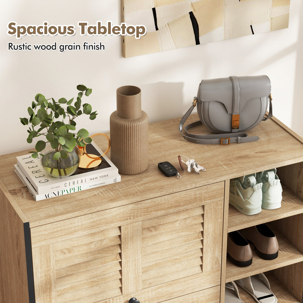 Shoe rack organizer with rustic wood grain finish, featuring a spacious tabletop and flip-up see-through doors for easy.