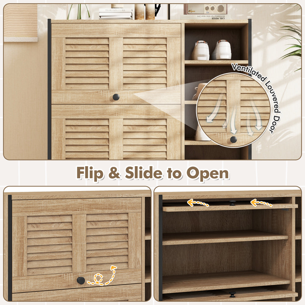 Shoe rack organizer in oak with flip-up see-through doors and adjustable shelves for versatile storage in entryway.