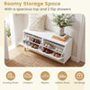 Shoe storage bench with two flip drawers and adjustable shelves, perfect for entryway organization and shoe changing.