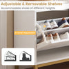 Narrow white shoe storage bench with adjustable shelves and flip drawers, perfect for entryway organization.