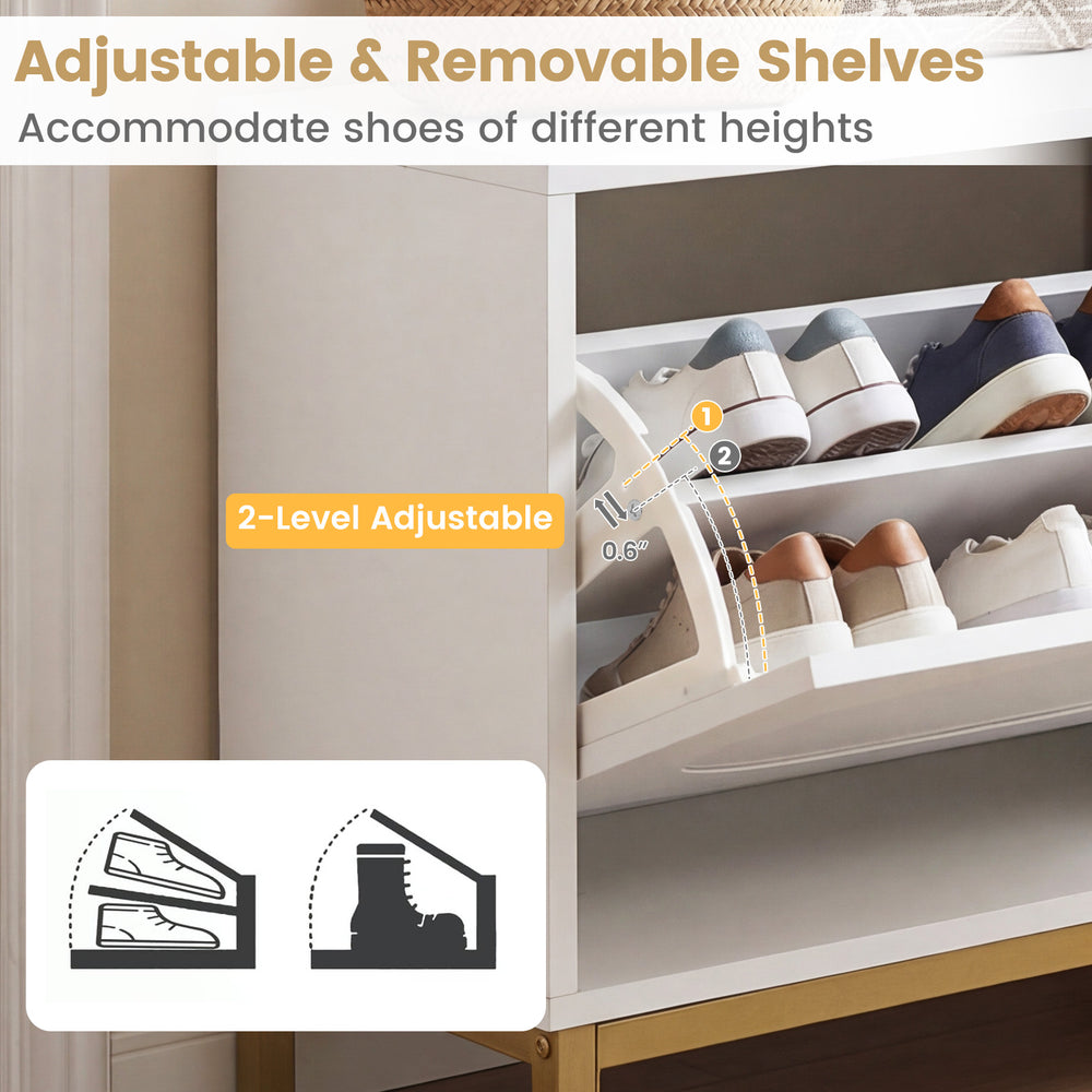 Narrow white shoe storage bench with adjustable shelves and flip drawers, perfect for entryway organization.