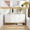 Narrow white shoe storage bench with two flip drawers and adjustable shelves, ideal for entryway organization.