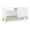 Narrow white shoe storage bench with two flip drawers and adjustable shelves, perfect for entryway or living room use.