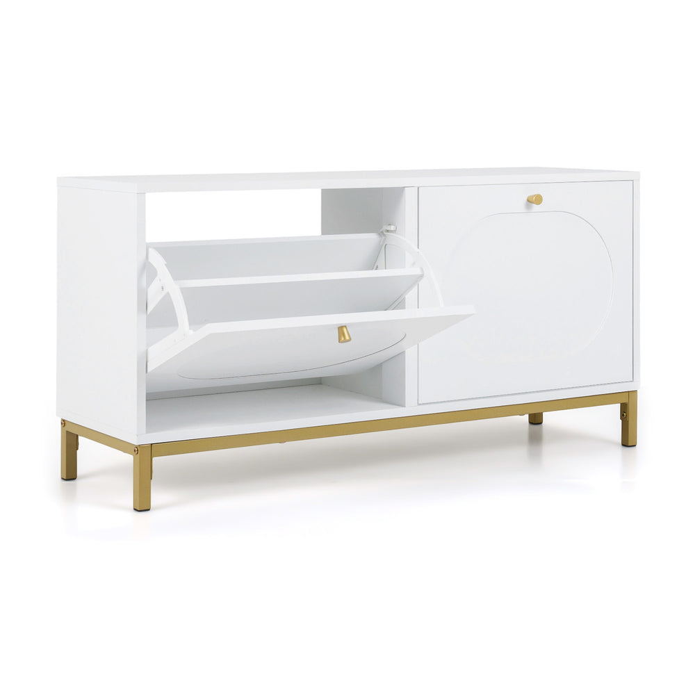 Narrow white shoe storage bench with two flip drawers and adjustable shelves, perfect for entryway or living room use.