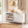 Narrow white shoe storage bench with 2 flip drawers and elegant fluted doors, perfect for entryways or hallways.