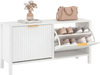 Narrow white shoe storage bench with fluted doors, featuring two flip drawers and adjustable shelves for organized.