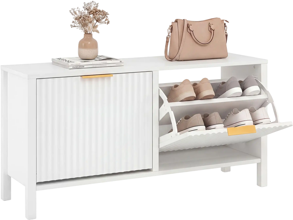 Narrow white shoe storage bench with fluted doors, featuring two flip drawers and adjustable shelves for organized.