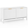 Narrow white shoe storage bench with fluted doors, two flip drawers, and adjustable shelves for organized entryway.