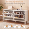 Narrow white shoe storage bench with 2 flip drawers, ideal for organized entryway shoe storage and easy access.