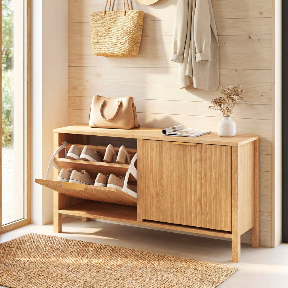 Shoe Storage Bench Narrow Wooden Entryway Bench with 2 Flip Drawers-Brown - Gallery View 1 of 10