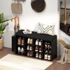 Shoe storage bench in black with 10 cubbies and umbrella stand, featuring a soft padded seat for entryway organization.