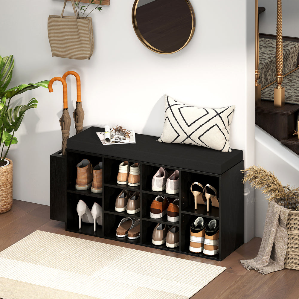 Shoe storage bench in black with 10 cubbies and umbrella stand, featuring a soft padded seat for entryway organization.