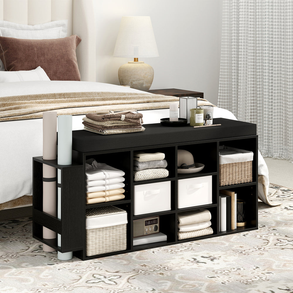 Shoe storage bench with umbrella stand featuring 10 cubbies and a soft padded seat, perfect for entryway organization.