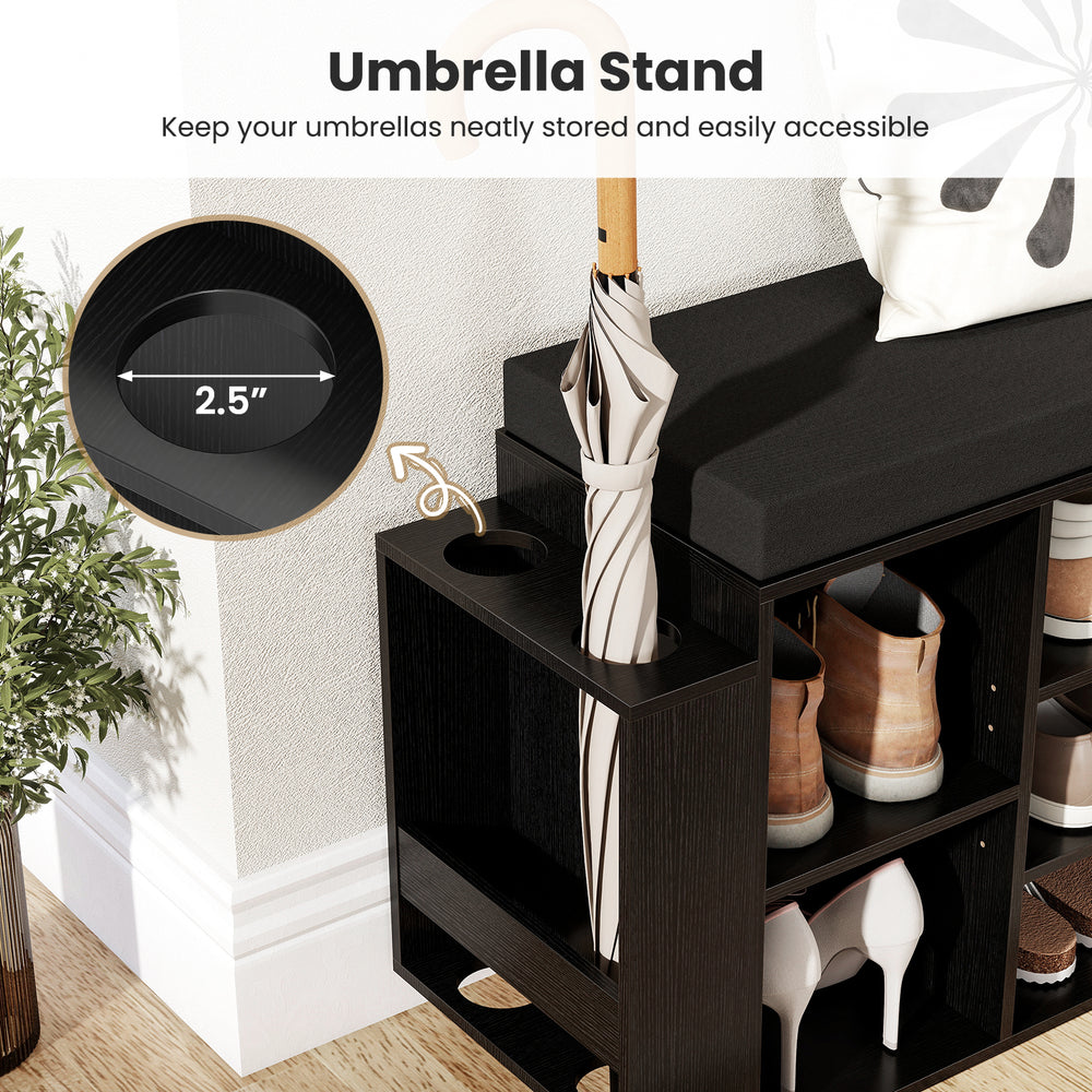 Umbrella stand detail on the shoe storage bench, designed for easy access and organization in entryways.
