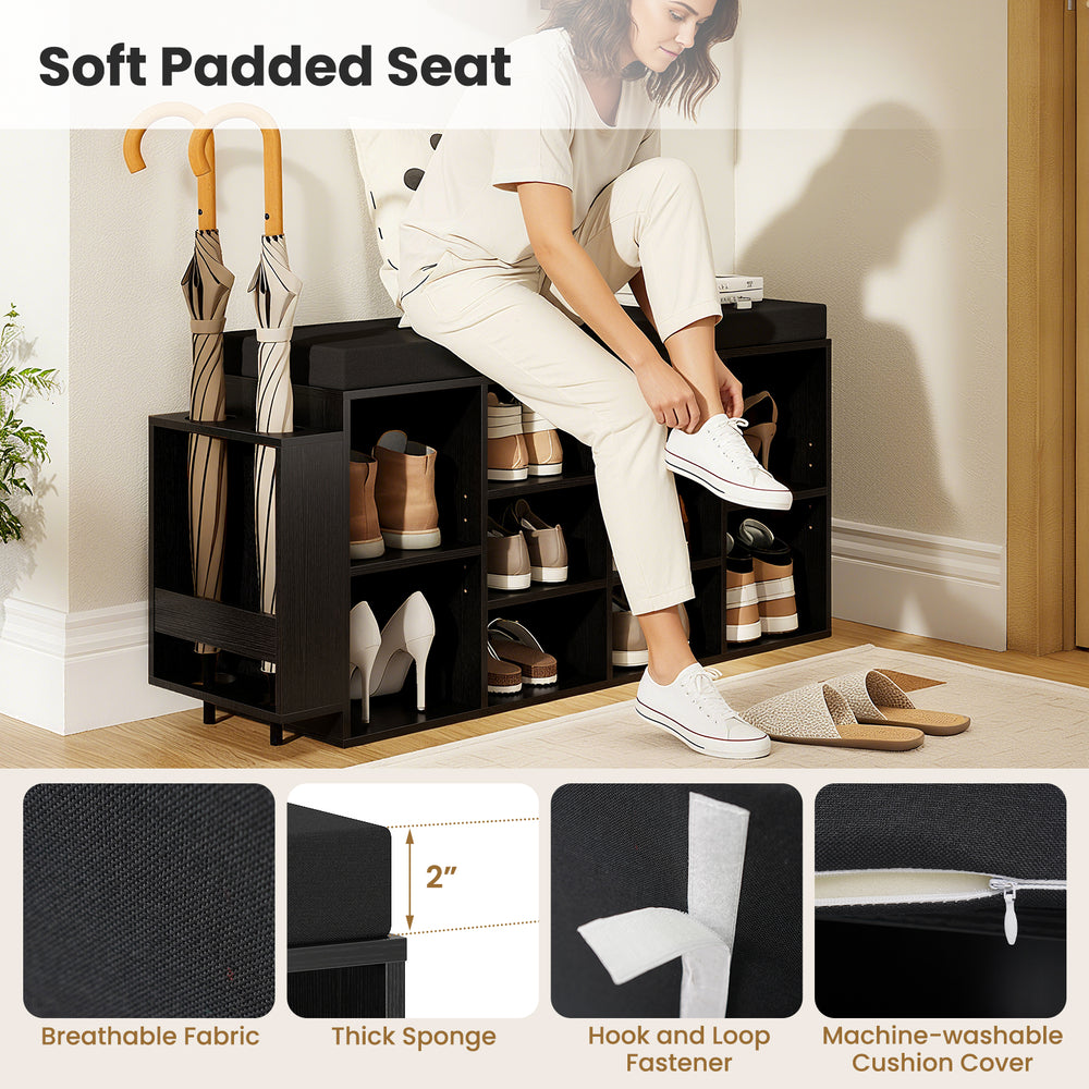 Shoe storage bench with umbrella stand, featuring a soft padded seat and 10 cubbies for organized entryway storage.