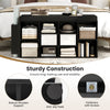 Shoe storage bench with umbrella stand in black, featuring 10 cubbies and a soft padded seat for entryway organization.
