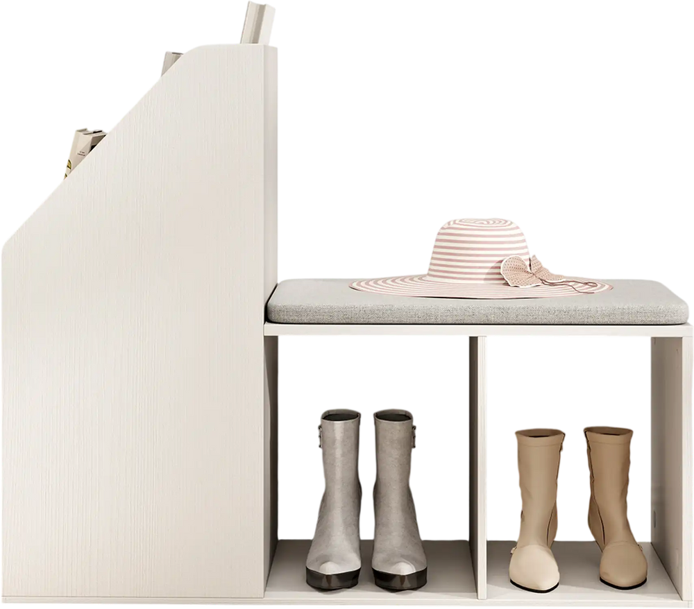 Shoe storage bench in white with removable cushion and 6 compartments, ideal for entryway organization.