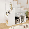 Shoe storage bench in white with removable cushion and six compartments, ideal for entryway organization.