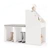 Shoe storage bench in white with removable seat cushion and six compartments, perfect for entryway organization.