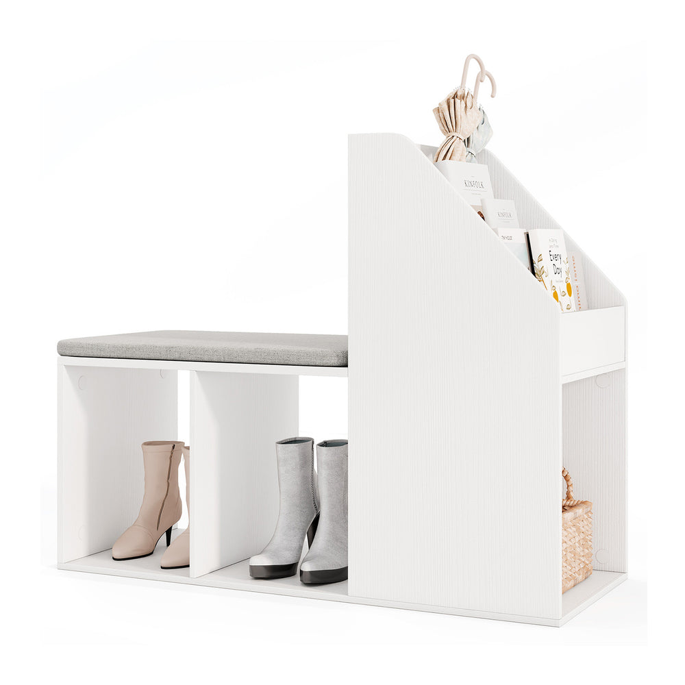Shoe storage bench in white with removable seat cushion and six compartments, perfect for entryway organization.