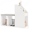 Shoe storage bench in white with removable cushion and six compartments, ideal for entryway or living room organization.