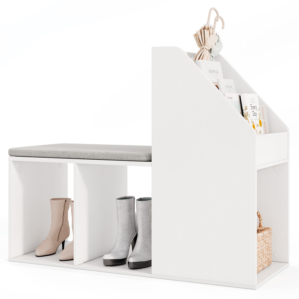 Shoe storage bench in white with removable cushion and six compartments, ideal for entryway or living room organization.