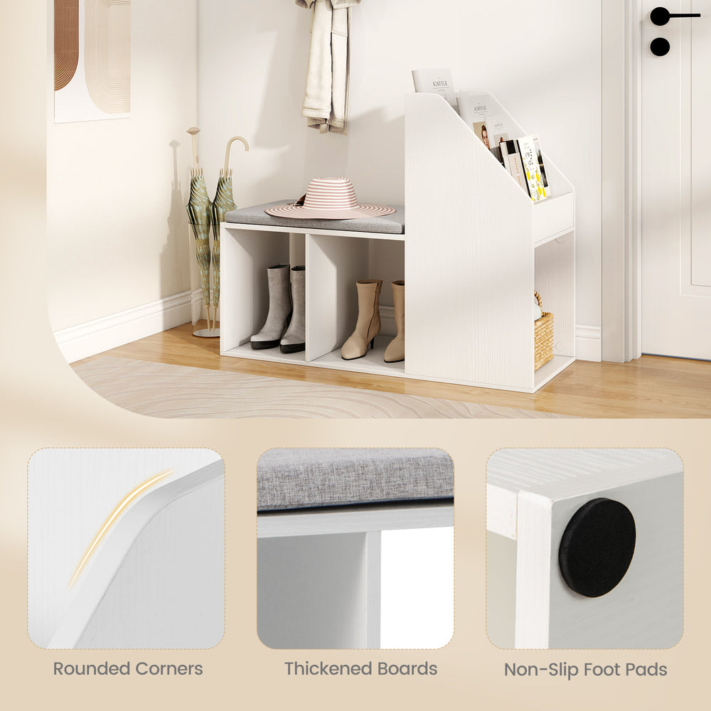 Shoe storage bench in white with removable cushion, featuring 6 compartments and rounded corners for safety and style.