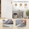 Shoe storage bench with removable seat cushion, featuring six compartments and a modern white design for entryway use.