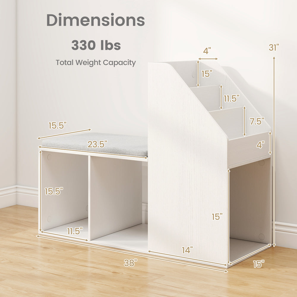 Shoe storage bench with removable cushion, 6 compartments, and modern design, ideal for entryway or living room use.